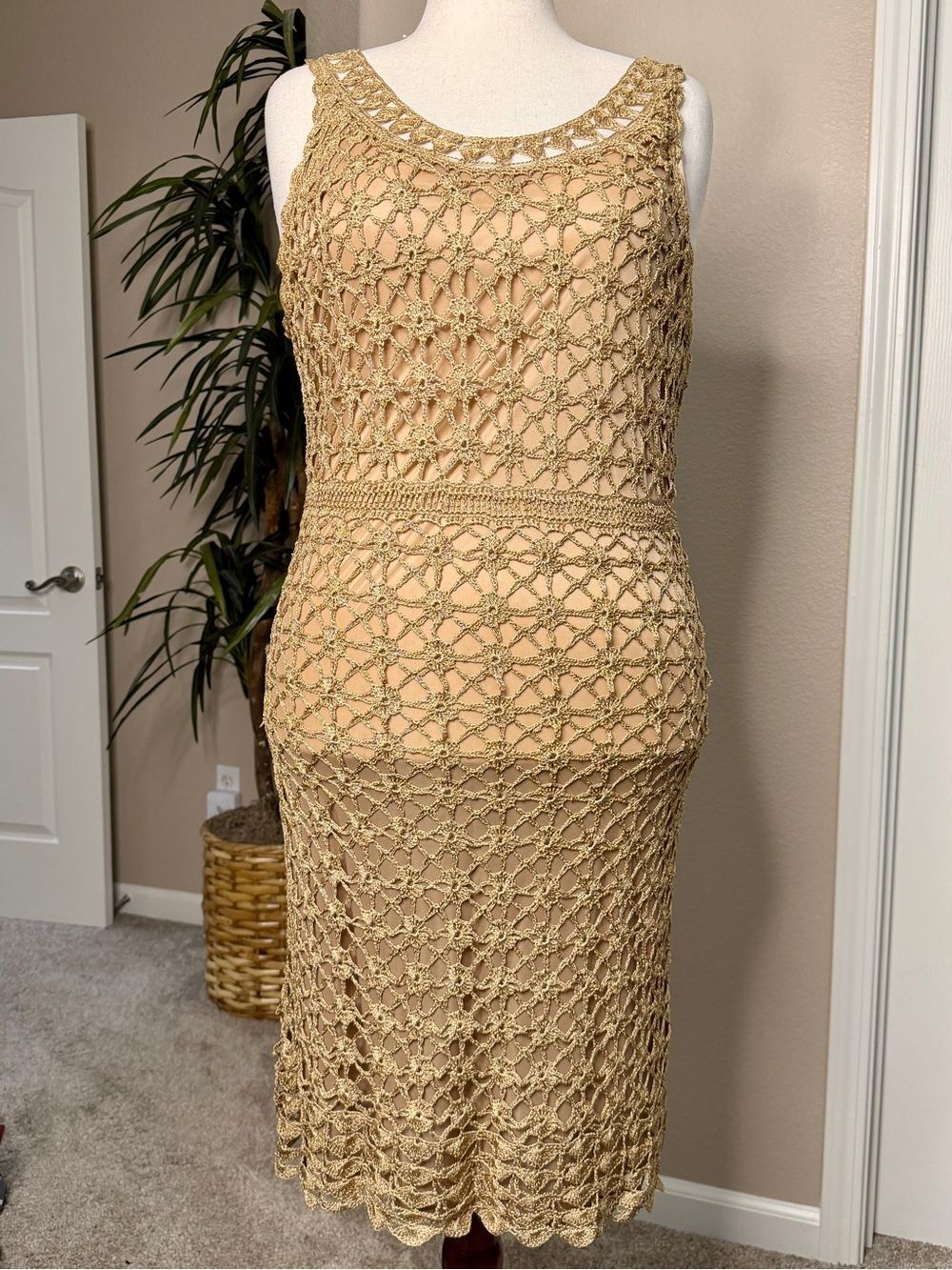 Gold Crochet Floral Knit Tank Dress - Picture 3 of 10